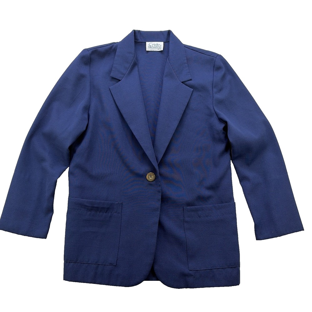 VNTG 1980's Old Money Coastal Prep Cristin Stevens Navy Button Blazer SzM Petite